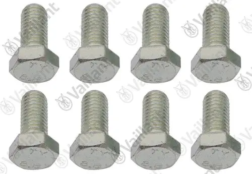 Acht Sechskant-Schrauben von Vaillant, aus Metall, mit Gewinde und glatter Oberfläche, angeordnet in zwei Reihen.